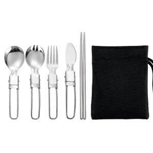 Kit couverts inox 5 pièces pliable avec sac filet